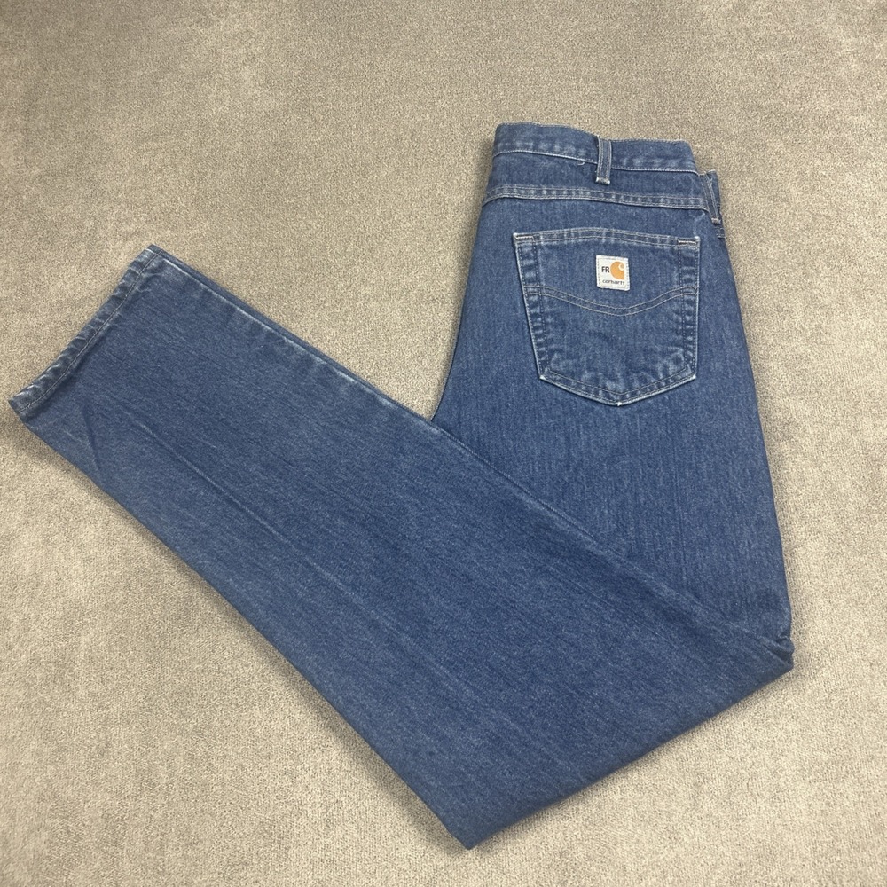 Carhartt FR Jeans Mens 34x36 Blue Relaxed Straight Leg Denim FRB160 DNM HRC 3